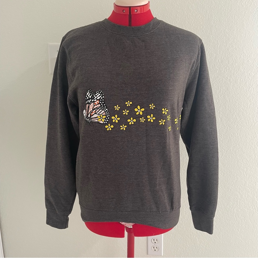 Altru Crewneck Sweater - Charcoal with Butterfly and Floral Design